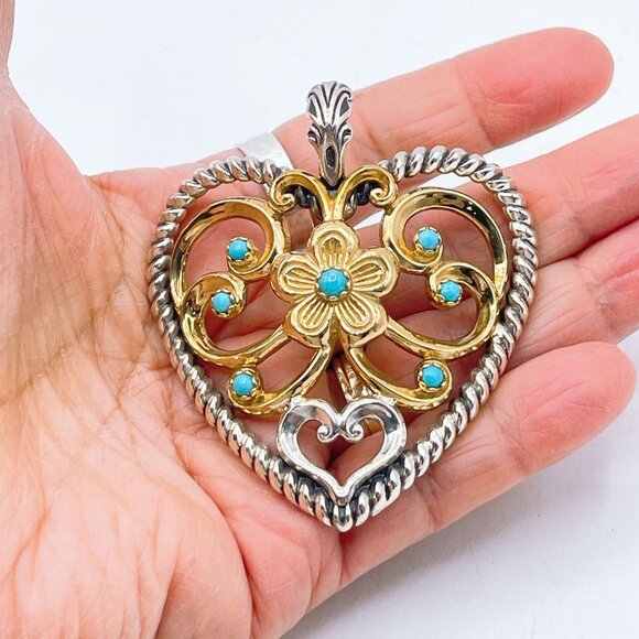Carolyn Pollack 925 Sterling Silver & Brass Heart Pendant Turquoise Accents Larg - Picture 6 of 9